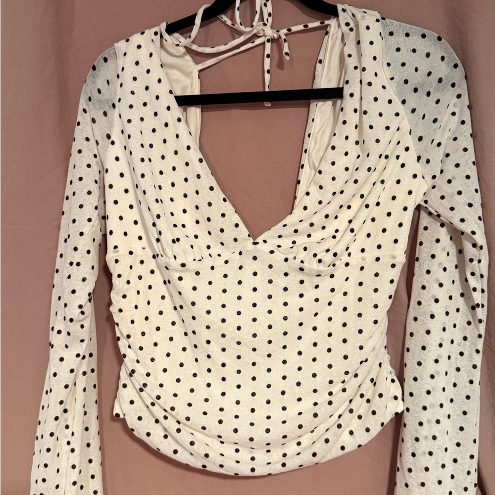 White Polka Dot Long-Sleeve V-Neck Top